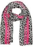 styleBREAKER Damen Schal mit Leo Muster und farbigem Streifen | Weiches Material mit Fransen | Animal Print Tuch in One Size, Farbe:Grau-Pink