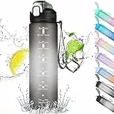 CodiCile Trinkflasche 1L,Trinkflasche mit Strohhalm und Zeitmarkierung, auslaufsichere 1L Wasserflasche mit Deckel, BPA-freie Trinkflasche sport für Sport, Büro, Fahrrad, Laufen (schwarz)