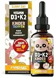 Vitamin D3 + K2 KINDER Tropfen 1000x für 333 Tage - mit 650 IE Vitamin D3 + 20 µg bioaktives Vitamin K2 MK7 (Pharmaquinone®) - Immunsystem & Knochen - laborgeprüft mit Zertifikat - 100% vegan