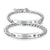 JewelryWe Valentinstag Schmuck 2pcs Herren Damen Partner Armband, Lieben Freundschaftsarmband Geschenke, Her King & His Queen Schrift Krone, Edelstahl Zirkonia, Silber, kostenlos Gravur