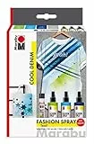 Marabu 1719000000084 - Fashion Spray, Cool Denim, Textilsprühfarbe auf Wasserbasis, für helle Textilien, einfache Fixierung, waschbeständig bis 40°C, 3 x 100 ml Farbe und 25 ml Fashion Liner