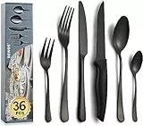 BEWOS Besteck Set für 6 Personen, 36-teiliges Besteck Set mit Steakmessern, Schwarz Mattiert Essbesteck Set inkl. Messer, Gabel, Löffel, Besteck Edelstahl Spiegelpoliert, Spülmaschinenfest