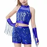 LOLANTA Mädchen Pailletten Tanzkostüm, Kinder Glitzer Gymnastik & Tanz Set, Jazz, Modern, Street Dance Outfits mit Tank Crop Top und Shorts(Blau, 11-12 Jahre, 160)