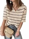Damen Sommer Kurzarm Strickpullover mit V-Ausschnitt Gestreifter Outfit T-Shirt lockerer Schnitt modischer Freizeit Pullover 2025