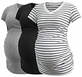 Smallshow Damen Umstandstop V Hals Schwangerschaft Seite Geraffte Umstandskleidung Tops T Shirt 3 Pack,Black-Light Grey-White Stripe,L