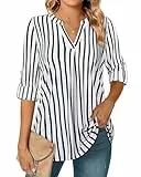 Amrto Damen Bluse V-Ausschnitt Casual Elegant Gestreift Blusenshirt 3/4 Ärmel Longshirt Longbluse Tunika Lässig Lange Shirt Oberteil für Alltag, Weiß mit Streifen XL