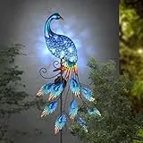 TERESA'S COLLECTIONS Gartendeko für draußen, Solarlampe für Außen, Pfau Gartenleuchte Metall wasserdichte Wegeleuchte für Terrasse,Hof,Blau,Muttertagsgeschenk Vatertagsgeschenk,102cm