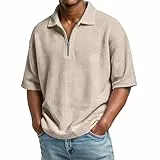 Generisch Polo Shirts Für Herren, Poloshirt Mit Reißverschluss Sommer Kurzarm Einfarbige Polohemd Stretch Golf Casual Shirt Herren Kleidung Men's T-Shirts (4XL, Beige)