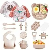 Bizcasa 14er Baby Geschirrset, Silikon Baby Weaning Besteck Set, Rutschfest, Teller, Schüssel, Lätzchen, Löffel, Gabel, Fruchtsauger, Babybrei Einfrieren Behälter, Beißring Baby, BPA Frei (Beige)