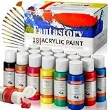 Fantastory Acrylfarben Set 18 x 60ml, 12Pinsel, wasserfestes, nicht verblassendes, ungiftiges Acrylic Paint, Ideal Für Leinwand,Holz,Keramik,Modelle; Geeignet für Anfänger,Kunststudenten,Hobbykünstler