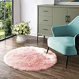 Latepis Teppich Rund Rosa 90 cm Plüsch Weich Fellteppich Klein Flauschig Teppich Schaffell Kunstfell Waschbarer Teppich