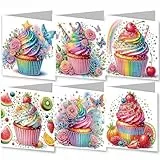 CXINLky 5D DIY Diamond Art Painting Karten mit Umschlägen, 6 Stuck Diamond Art Karten Geburtstag Geschenkkarte Feiertags für Familie, Liebhaber,Freunde-04-Cupcakes