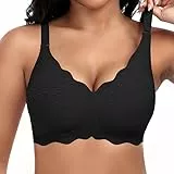 Jiuday Damen BH ohne Bügel Spitzen Soft BH Große Brüste Starker Halt Push Up Bügelloser BHS Gepolstert Seamless Bequemer Nahtloser Bra V-Ausschnitt Bralette (Schwarz,L)