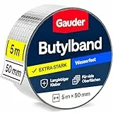 GAUDER Butylband wasserdicht selbstklebend - Butyl Dichtband für Dachrinne - Dichtungsband und Reparaturband mit Aluminiumfolie für Regenrinne, Dach und Wohnwagen (50 mm x 5 m)