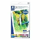 STAEDTLER 223 C24 Aquarellkreide (hochopake Farben, leicht verwischbar, wasservermalbar, mit Papierbanderole, Durchmesser 8 mm, rund) Kartonetui mit 24 leuchtenden Farben