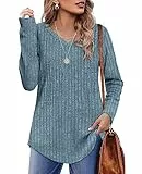 WIHOLL Pullover Damen Tunika Oberteile Top V-Ausschnitt Langarmshirt Weich Herbst Winter Casual Curved Saum Leichte Longshirt Damen Blau L