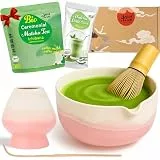 Goodwei Matcha-Set komplett mit hochwertiger Matcha Schale aus Keramik mit Ausgießer, Matcha Besen und Besenhalter | Geschenkset für Teezeremonie mit BIO Matcha und Cocos Matcha Latte (Fuji Pink)