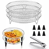 Onader Heißluftfritteuse Zubehör, 3-tlg Edelstahl Rund Frittierkorb Grillrost für Airfryer, Airfryer Zubehör mit 6 Silikonfüßen und 1 Greifklammer für Frittieren Backen, Stapelbar, Spülmaschinenfest