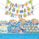 SUNBEAUTY Sommer Partygeschirr Set Pool Partyzubehör mit Happy Birthday Girlande Papier Teller Pappbecher Servietten Strohhalme Tischtücher für Hawaii Geburtstag Babyshower Deko