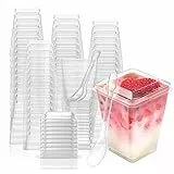 PALUDO 50 Stück Mini Desserttassen mit Deckel und Löffeln, 5oz/150ml Dessertgläser Plastik Dessertbecher Klare, Wiederverwendbar Trapezoid Dessertschalen Set für Mousse Pudding Hochzeiten Party