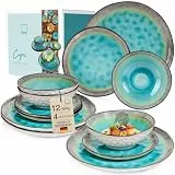 SÄNGER | Geschirrset Capri 12 tlg, Teller Set 4 Personen, Steingut Geschirr inkl. Speiseteller Dessertteller & Tiefe Teller, Tafelservice Handmade Türkis Blau mit Grauem Rand | PREMIUM COLLECTION