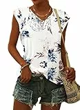 WNEEDU T-Shirt Damen Sommer V Ausschnitt Tank Top Locker Bluse-Shirt Oberteile Sommer Damen Leicht und Luftig mit Flügelärmeln Weiße Blume XL