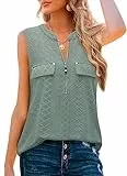 Amrto Damen Tops, Casual V-Ausschnitt Ärmellose Bluse Oberteil mit Reißverschluss, Loose Einfarbige Tank Tops Tunika Longbluse, Grün XXXL