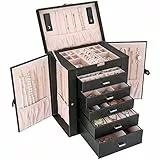 ProCase Große Schmuckkästchen, 6 Schichten Schmuckbox Schmuckkasten Schmuckschatulle, Schmuck Aufbewahrung Box mit Ohrringhalter Schubladen und Uhrenkissen, Jewelry Organizer Box -Schwarz