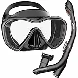 Dorlle Schnorchelset, Neu Verbesserte Panorama Schnorchelmaske, wasserdichte Tauchmaske Anti-Fog Anti-Leck aus Gehärtetem Glas, mit 3-Kanal Premium Dry Schnorchel für Erwachsene, Schwarz