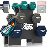 RE:SPORT® Hantel-Set 3 Paar, 1kg - 5kg, 12kg oder 18kg mit Ständer & 3x Fitnessbänder | Rutschfeste Neopren Kurzhanteln für Damen & Herren | Hanteln Hantelset (Türkis/Grau/Marineblau, 18 kg)