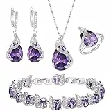 EVER FAITH 4 Stück Tropfen Cubic Zirconia Schmuck Set Glamour Anhänger Halskette Ohrringe Tennis Armband und Offener Ring für Damen Hochzeit Party Amethyst Lila Silber-Ton