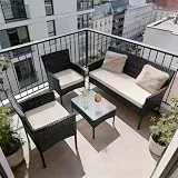 Juskys Polyrattan Sitzgruppe Fort Myers 4 Personen mit 2er Sofa, 2 Stühle, Tisch & Sitzkissen wetterfest schwarz/Creme Balkonmöbel Gartenmöbel Set