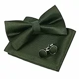 Alizeal Herren Solide vorgebundene Fliege Manschettenknöpfe Hanky Set für Männer Hals tragen, Olivgrün