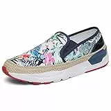 DANNTO Damen Kunst Loafers Bestickte Floral Boot Sneaker Slip-On Damen Walking Schuhe Blau Weiß, 37