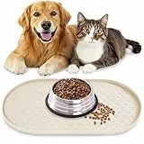 Napfunterlage Hund Katzen, rutschfeste Futtermatte Silikon für Hundenapf Katzennapf, 100% wasserdichte Haustierfutter Matte mit Erhöhten Rändern, Spülmaschinenfest (Beige, M: 48 * 30cm)