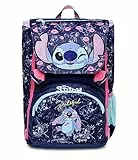 Seven Schulranzen für Grundschule, erweiterbarer Rucksack, Tornister ab 1. Klasse, Extra Volumen; Geräumige Schultasche mit Trinkflaschen fach, Geschenkidee LILO & STITCH, violett