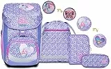 SJ GANG STYLE JAM GANG Schulranzen Set 4-teilig Ergonomischer Rucksack, Sportbeutel-Turnbeutel, gefülltes Mäppchen, kleine Federtasche, Höhenverstellbar, Kinder Grundschule Mädchen Junge, lila