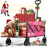 Overmont Klappbar Bollerwagen mit Faltbarer Heckklappe - Alle Gelände Räder - 100L mit Seitentaschen Getränkehalter Verstellbarem Griff - bis 100 kg Tragkraft Rosa