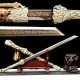 KWXPW 108cm Tang-Schwert,Manganstahl Schwertklinge mit geröstetem Gold,Leder umwickelte Holzscheide,Handgefertigtes gerades Schwert für Sammlung,Selbstverteidigung,Geschenke,Ausstellung,Cosplay