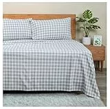 Ruvanti 4-teiliges Flanell-Bettwäsche-Set aus 100 % Baumwolle, voll Balance, kariert, grau, tiefe Taschen, wärmend, superweich, atmungsaktiv, feuchtigkeitsableitend, Spannbetttuch, 2 Kissenbezüge