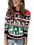 Saodimallsu Weihnachtspullover Damen Christmas Sweater Rundhals Langarm Ugly Strickpullover Rentiermuste Winter Pullover Casual Warm Weihnachten Pullis Oberteile Schwarz L