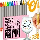 Artistro 12 Acrylfarbenmarker für Stoff, Steine, Papier, Holz, Leinwand, Glas, Heimwerken – Sicher für Kinder, Acrylfarbenstifte mit Doppelspitze (Doppelspitze Punkt + Pinsel, 12)
