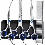 Gimars Professionelle 5-in-1 Fellschere für Hunde, 4CR mit runder Sicherheitsspitze, robuste Titanbeschichtung, gerade und Effilier- und gebogene Schere