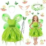 Shinybox Tinkerbell Kostüm Kinder Mädchen, 6 Stück Tinkerbell Kostüm Grüne mit Feenflügel Zauberstab Stirnband Feenohren Blumenreife, Ankleiden Feenkostüm für Karneval Halloween Cosplay(100)