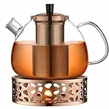 ecooe Teekanne aus Glas mit Teesieb, 1500 ml, mit Teewärmer 18/8 Edelstahl, Teekanne aus Glas mit abnehmbarem Teesieb aus Edelstahl (Kupferfarben), für schwarzen Tee, Grüntee, parfümierter Tee