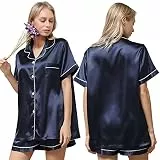 Ladieshow Damen Schlafanzug Kurz Sommer, Satin Pyjamas Set Kurzarm Nachtwäsche, Seide Pyjama Set für Damen Shorty Zweiteiliger Hausanzug Shorts und Oberteile - Navy Blau S