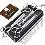 CIICII Hundeschere, 10-In-1 Profi Fellschere Hunde Set mit Runder Sicherheitsspitze (Katzen Hundepflege Effilierschere & Gebogene & Gerade Haarschere) für Fellpflege Hund Katze Haustier (Silber)