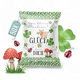 50 Stück Glücksbringer kleine Gastgeschenke essbar Gummibärchen Tüten Eine Portion Glück Give-Away für Gäste & Kunden Silvester, Abitur, Neujahr, 7 x 9 cm, Logbuch-Verlag