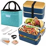 HOLIPOT Bento Box, Lunchbox Brotdose mit Fächern 2 Ebenen mit 2 Stück Umweltfreundlichen PP & Edelstahlbehältern, mit Gabel-Löffel-Teilern Tragetasche,für Kinder und Erwachsene Blau