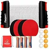 Tischtennisschläger Set Profi, Tischtennis Set mit 4 Schläger, Einziehbarem Netz, 8 Tischtennis Bälle und 1 Tragetasche, Ping Pong Set für Indoor Outdoor Kinder Erwachsene